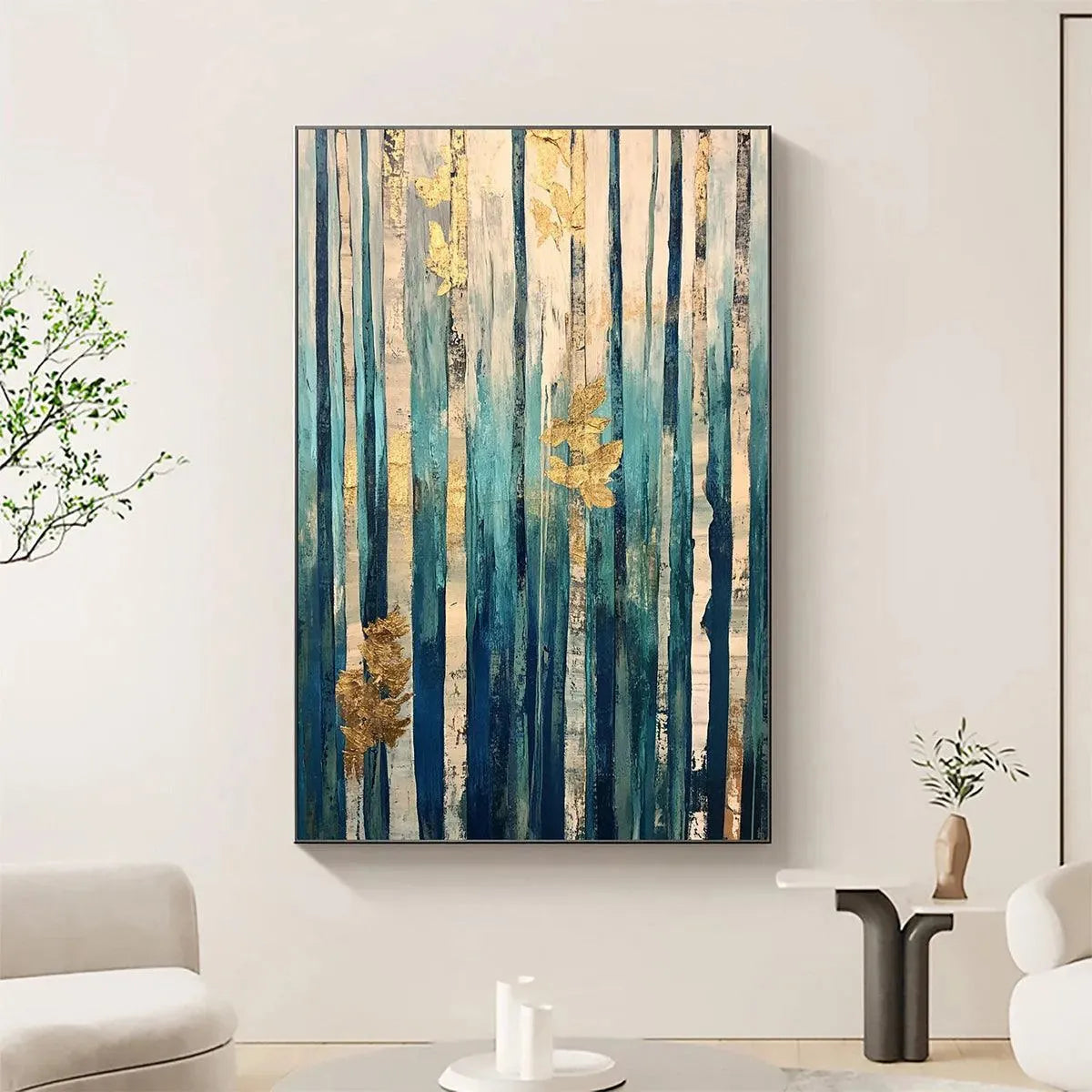 AZURE FOREST: Vertical Abstract Forest Oil Painting with Gold Leaf