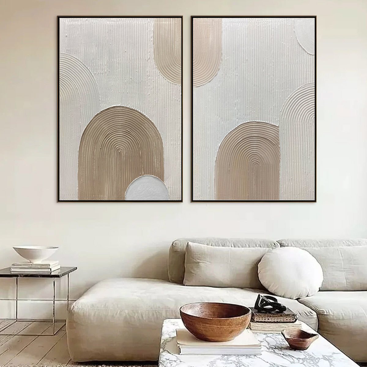 Ready to Ship | Beige Arches Diptych: Vertical Textured Abstract Wall Art Set