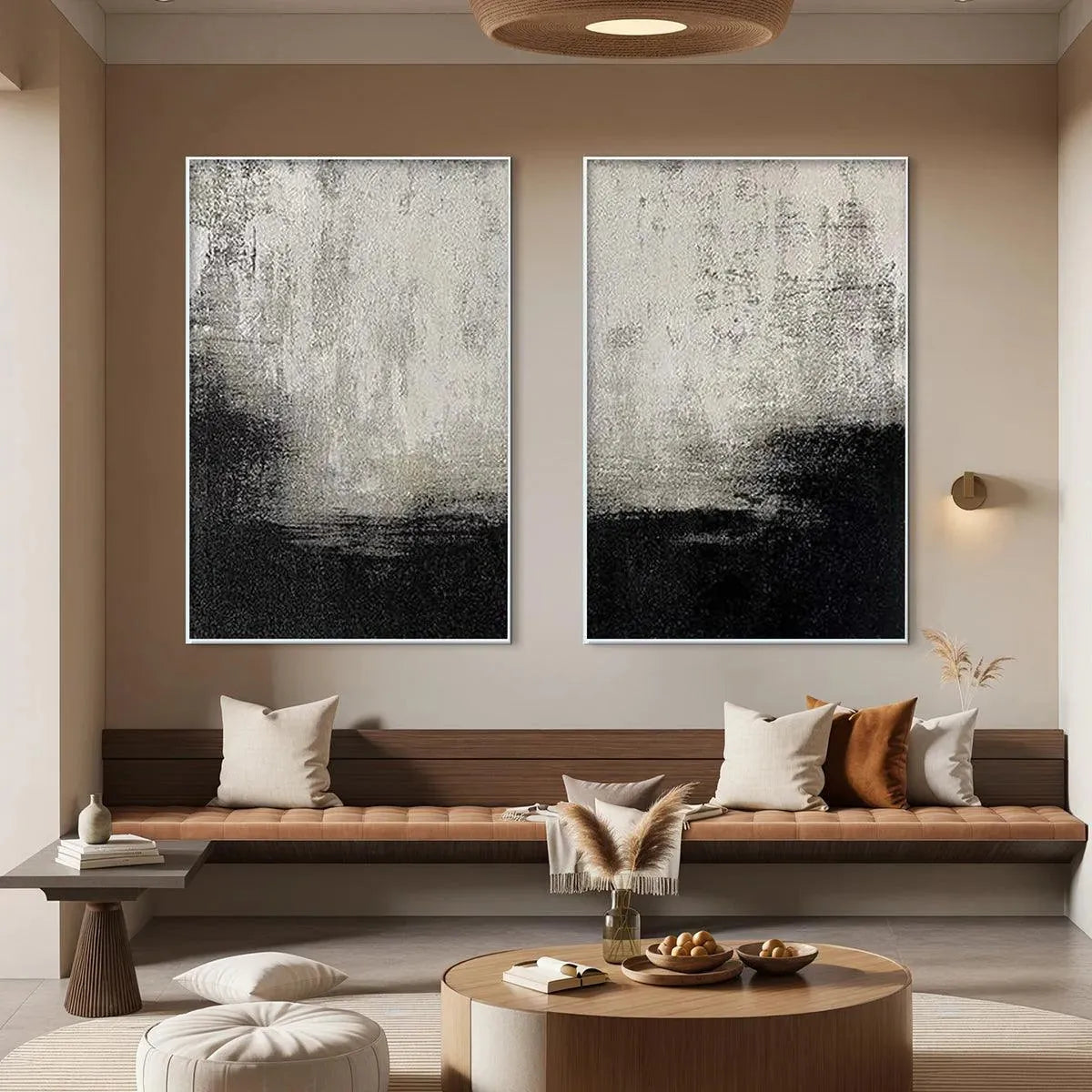 BLACK & WHITE ABSTRACT DIPTYCH: Textured Abstract Painting Set of 2, Vertical Wall Art