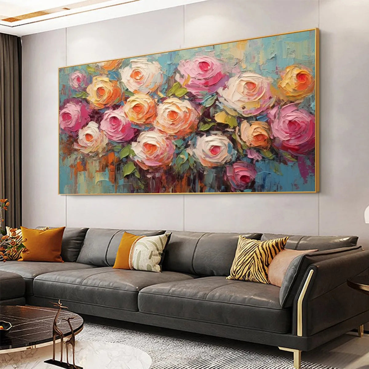 BLOOMING BOUQUET RHAPSODY: Colorful Impasto Floral Rose Painting for Wall Decor