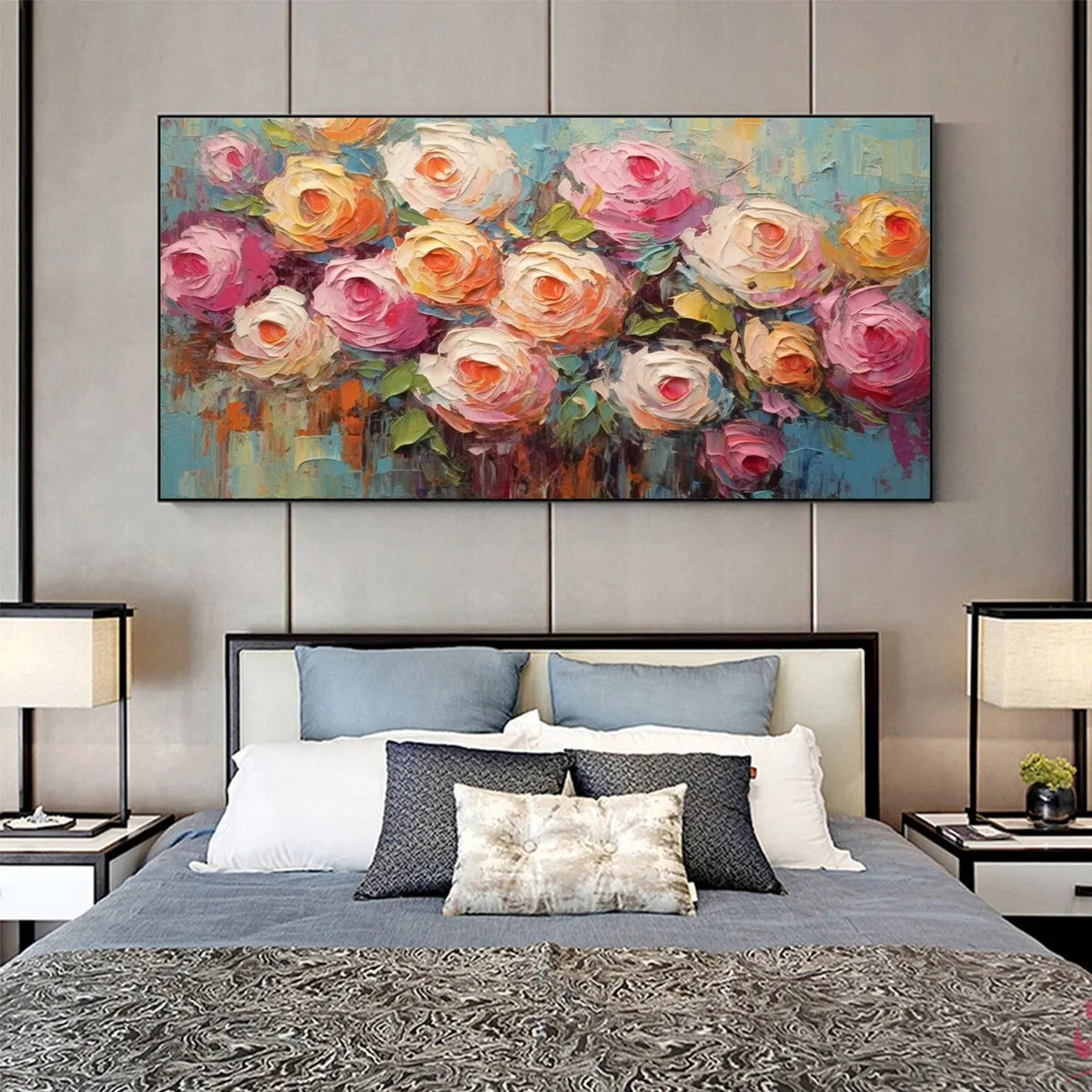 BLOOMING BOUQUET RHAPSODY: Colorful Impasto Floral Rose Painting for Wall Decor