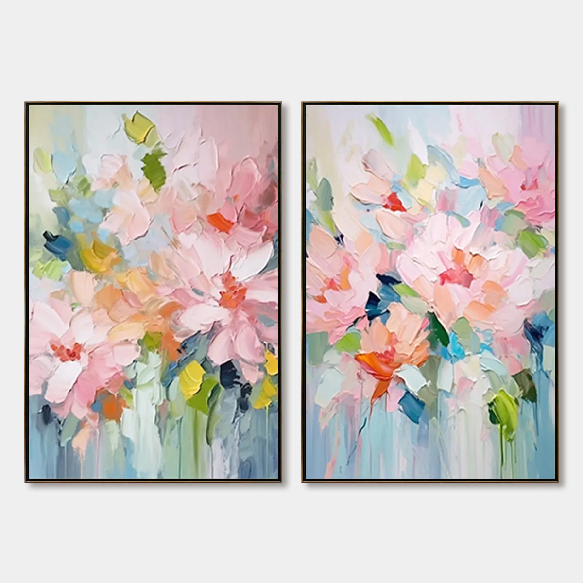 BLOSSOM CHORALE: Textured Impressionist Floral Diptych Oil Painting