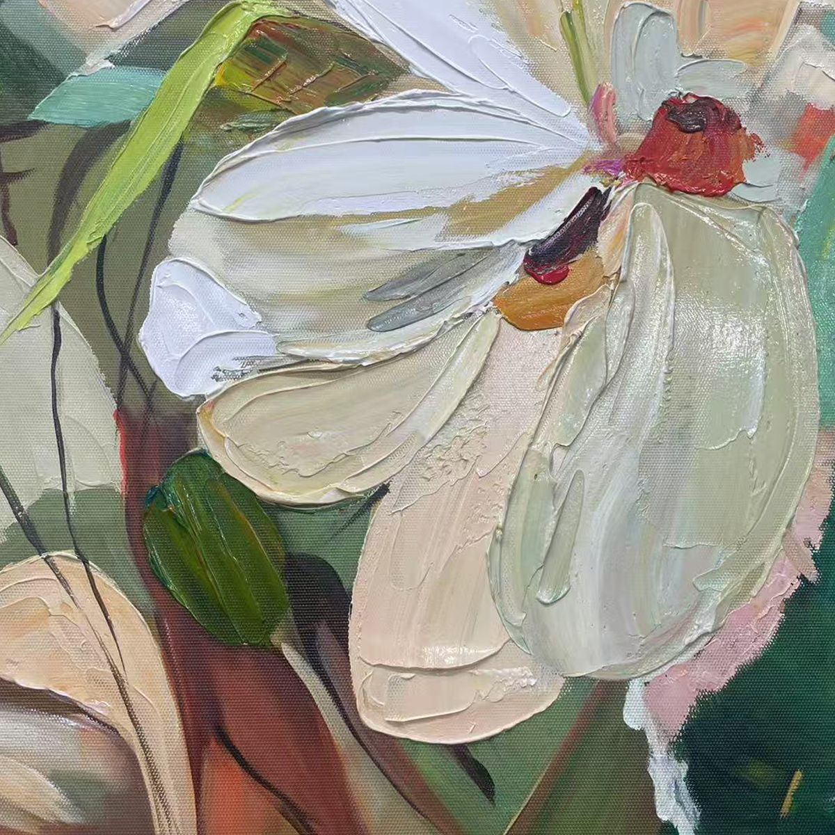 BLOSSOMING SERENITY: Impressionistic Floral Portrait Oil Painting