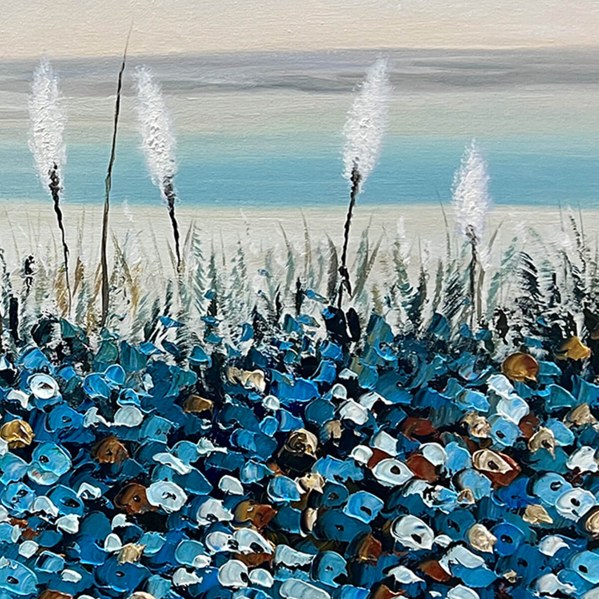 BLUE DUNES: Coastal Landscape Painting with Blue Flowers