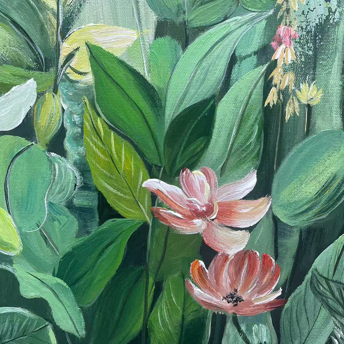 BOTANICAL GARDEN: Vertical Green and Yellow Floral Painting for Living Room