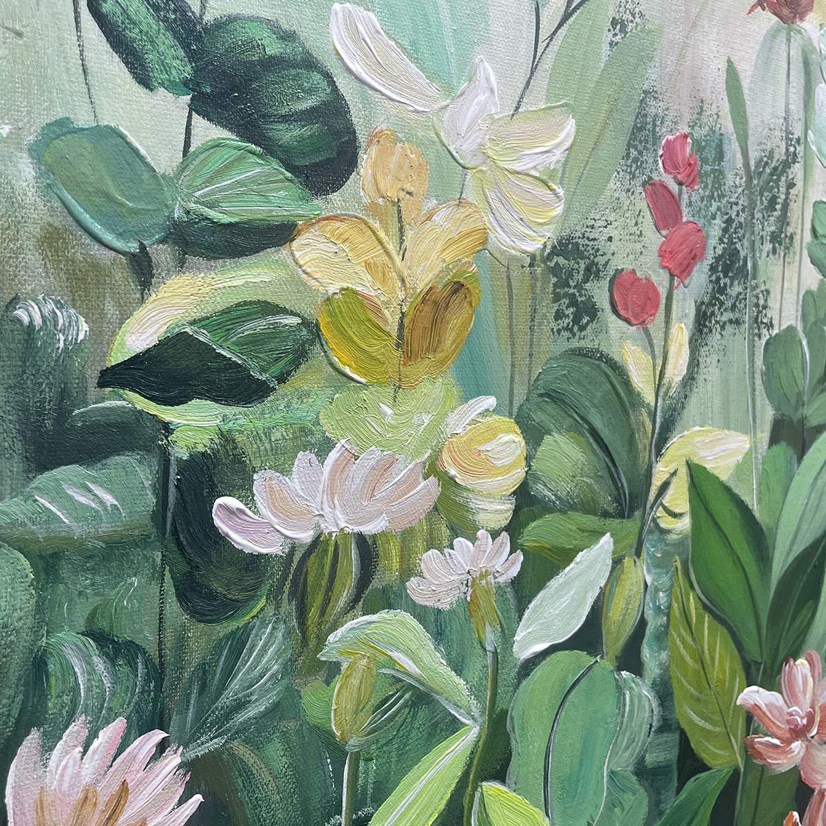 BOTANICAL GARDEN: Vertical Green and Yellow Floral Painting for Living Room