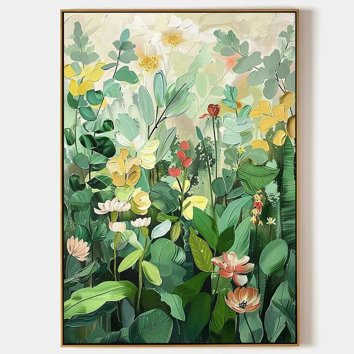 BOTANICAL GARDEN: Vertical Green and Yellow Floral Painting for Living Room