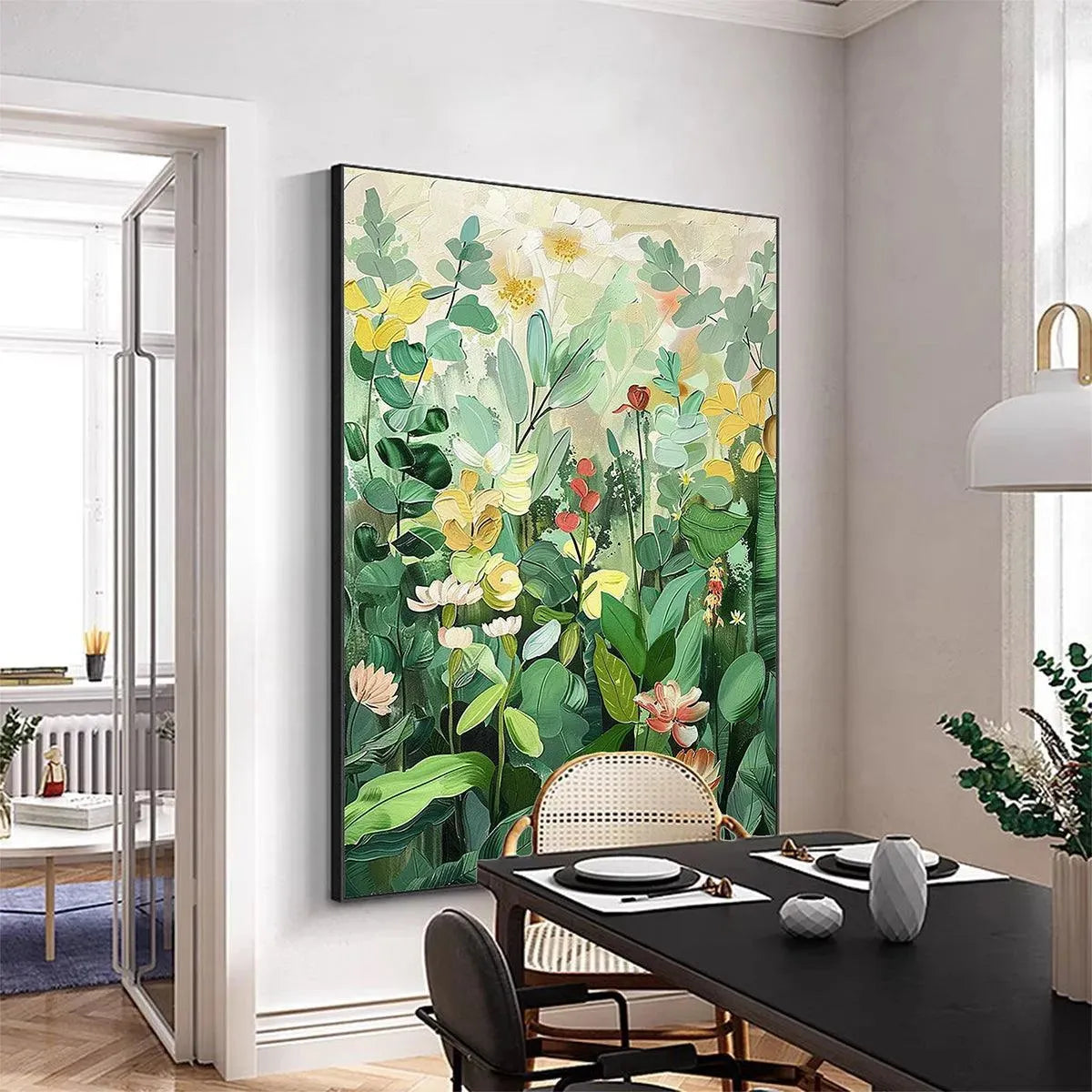 BOTANICAL GARDEN: Vertical Green and Yellow Floral Painting for Living Room