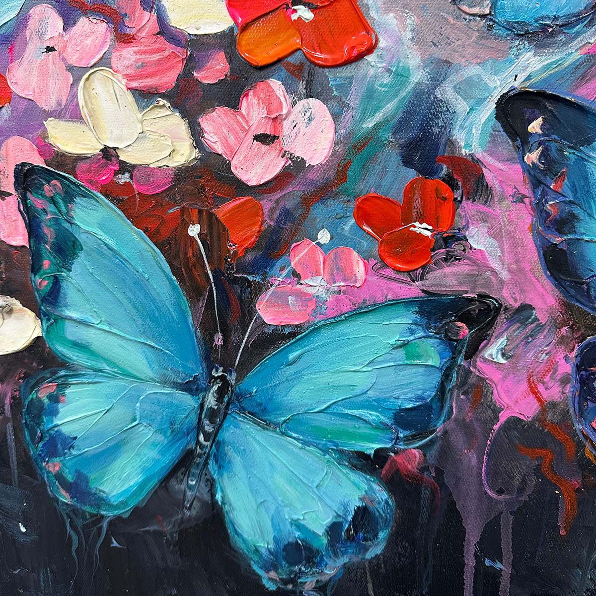 BUTTERFLY WALTZ: Colorful Butterfly and Floral Impasto Oil Painting