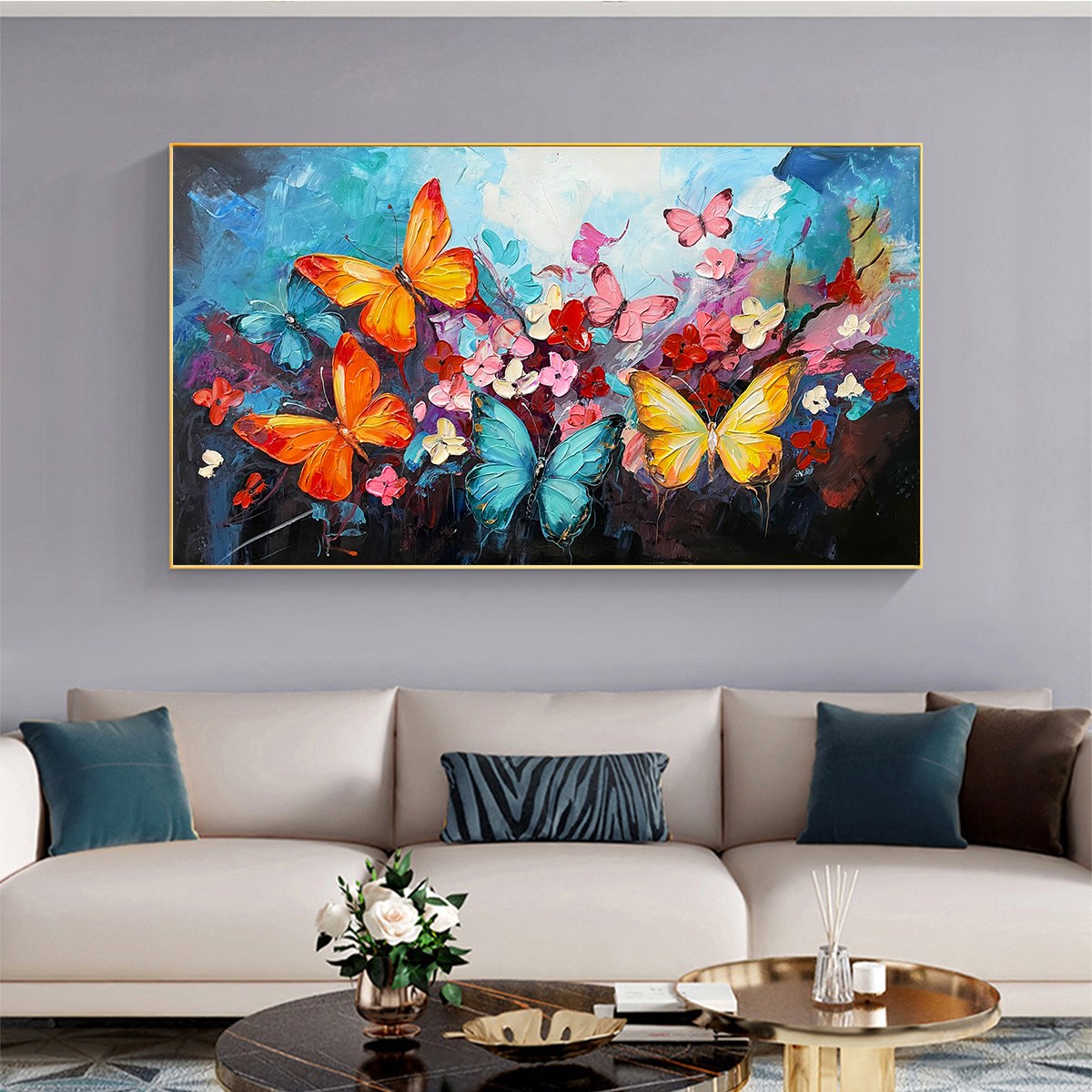 BUTTERFLY WALTZ: Colorful Butterfly and Floral Impasto Oil Painting