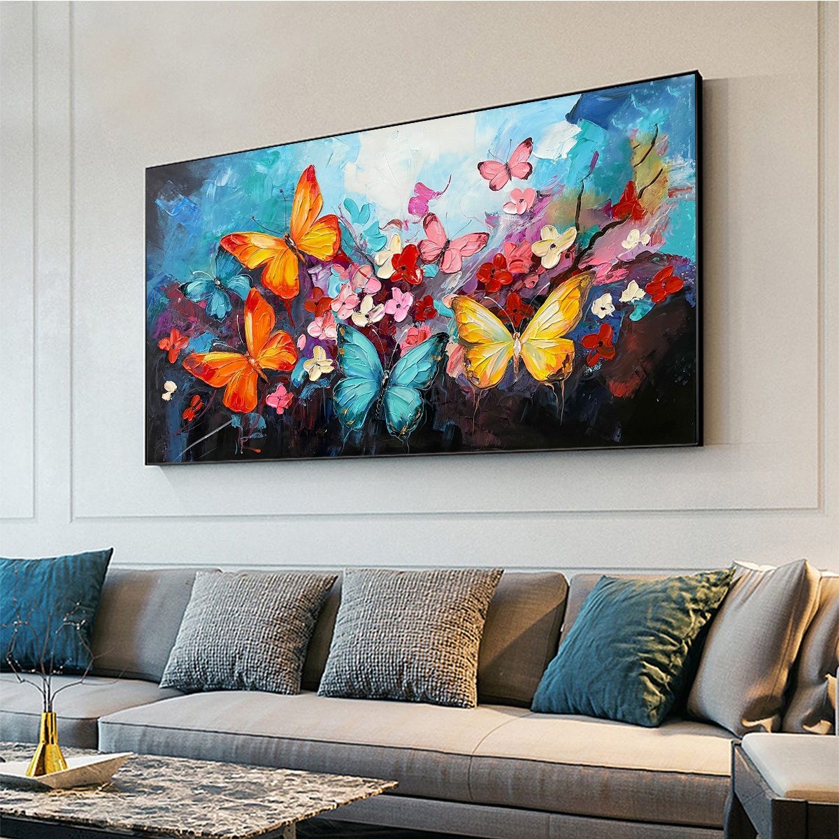 BUTTERFLY WALTZ: Colorful Butterfly and Floral Impasto Oil Painting