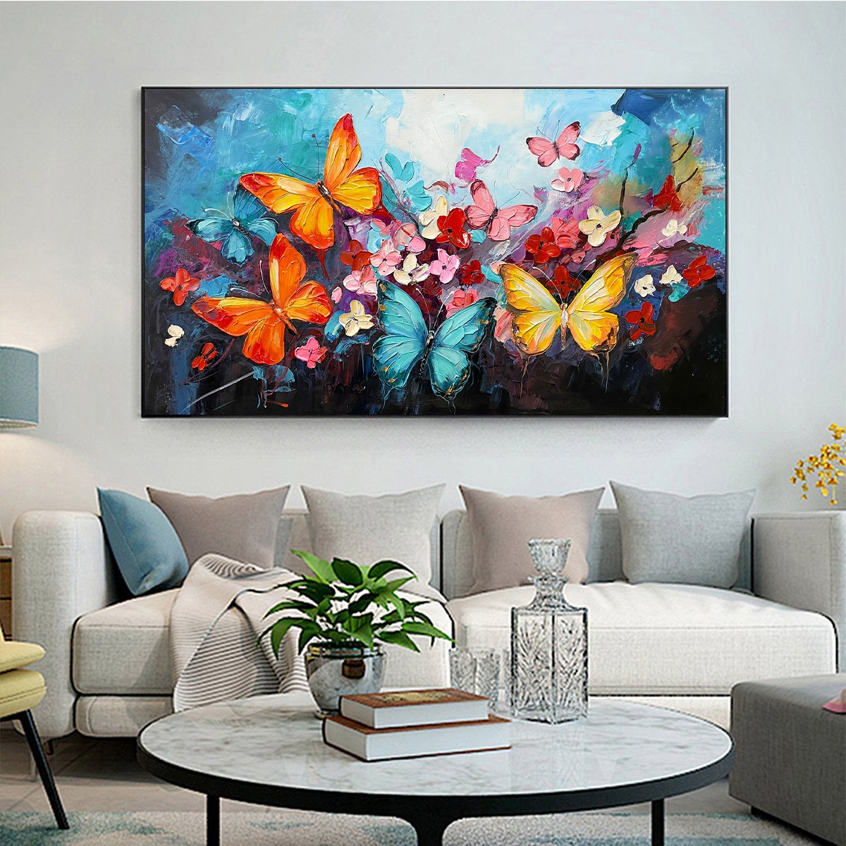 BUTTERFLY WALTZ: Colorful Butterfly and Floral Impasto Oil Painting