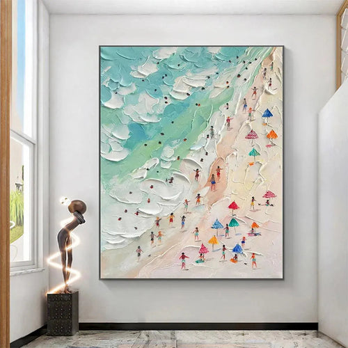 BEACH DAY: Textured Beach Scene Painting with Colorful Umbrellas