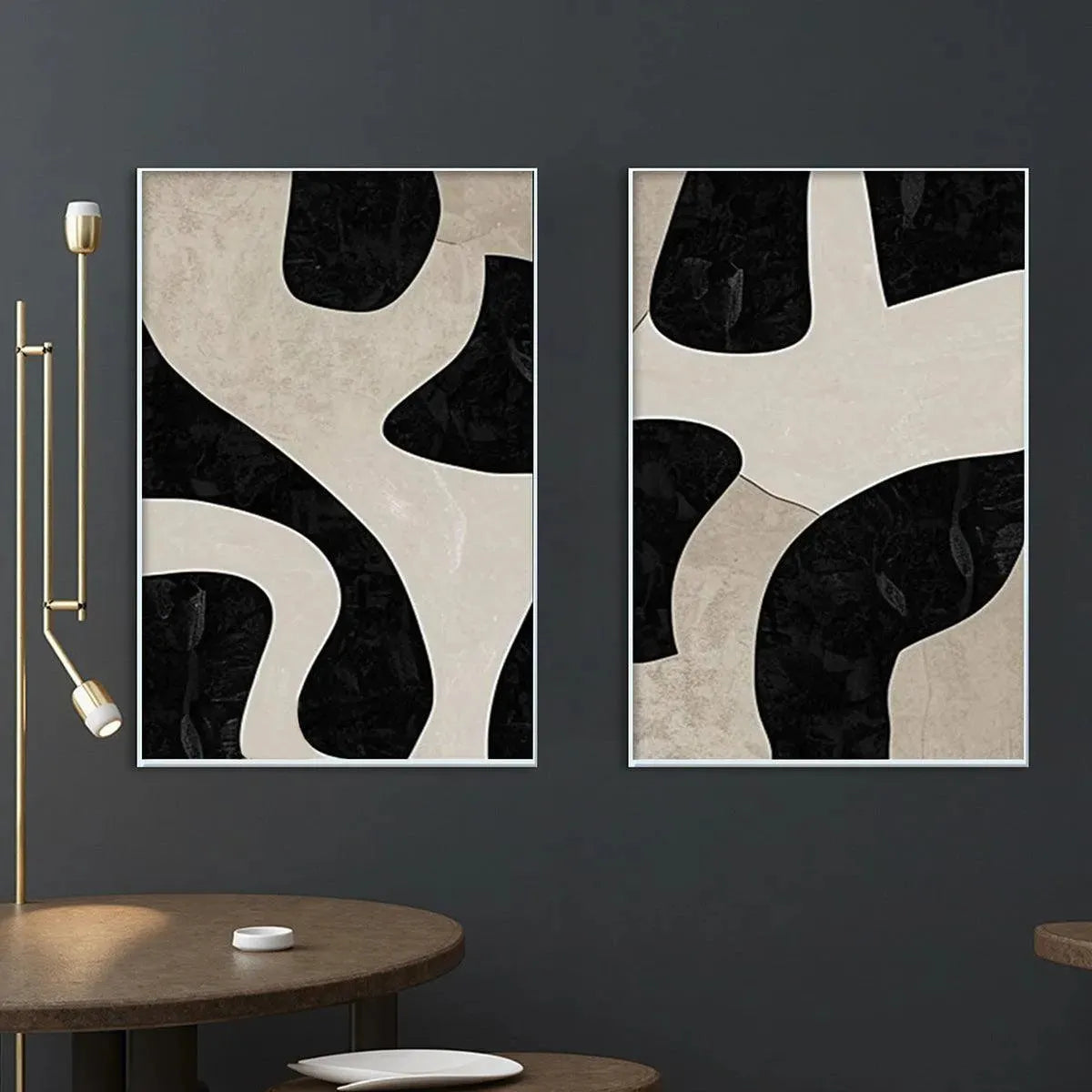 BLACK & BEIGE ABSTRACT DIPTYCH: Abstract Painting Set of 2, Vertical Wall Art
