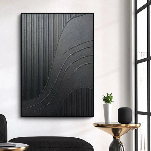BLACK TEXTURED CURVES: Minimalist Textured Abstract Painting