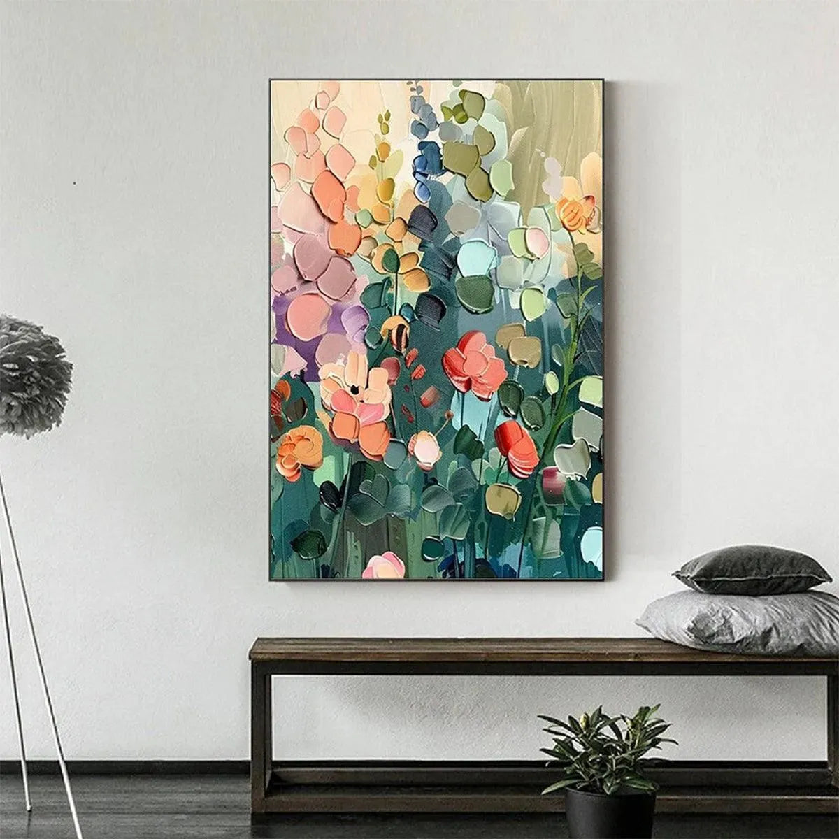 BLOOMING MEADOW: Textured Floral Painting, Colorful Wildflower Wall Art, Vertical Canvas, Impasto Decor