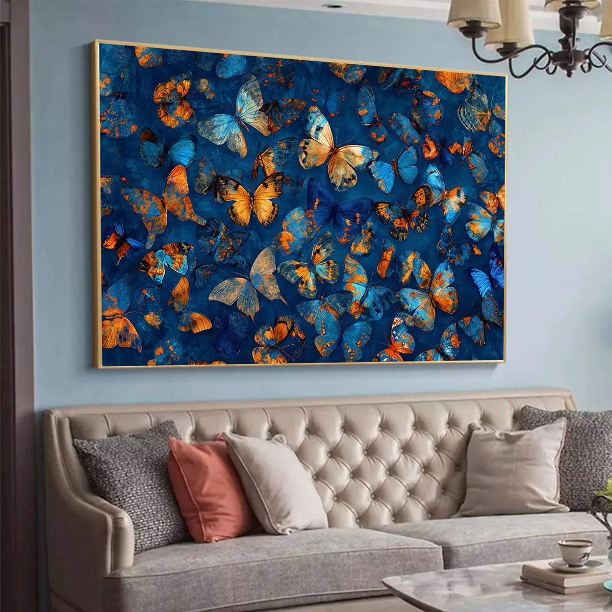 BLUE MORPHO WALTZ: Blue & Gold Butterfly Oil Painting on Canvas