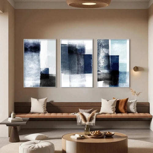 BLUE ABSTRACT TRIPTYCH: Abstract Painting Set of 3, Vertical Wall Art