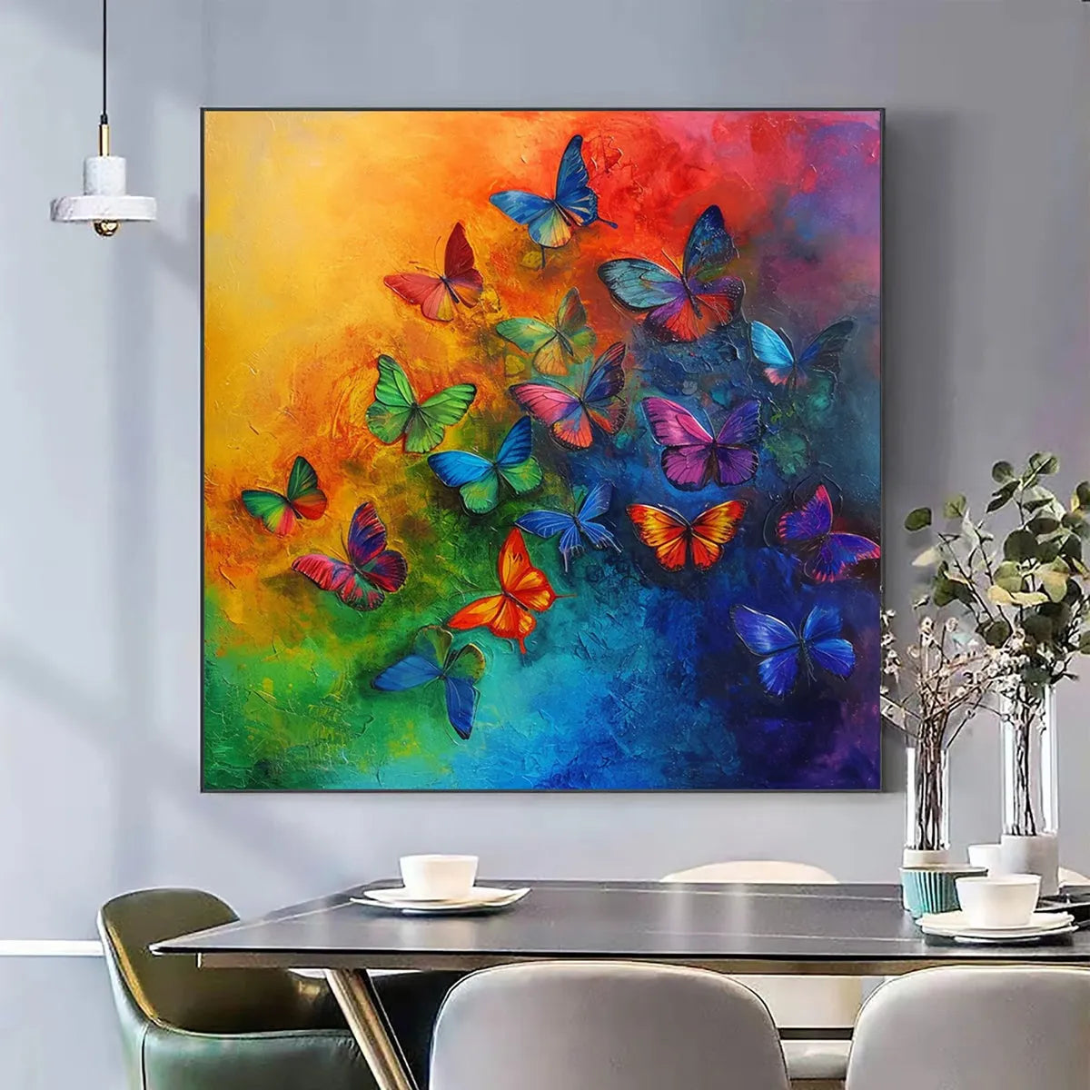 BUTTERFLY RAINBOW: Square Colorful Butterfly Oil Painting on Canvas