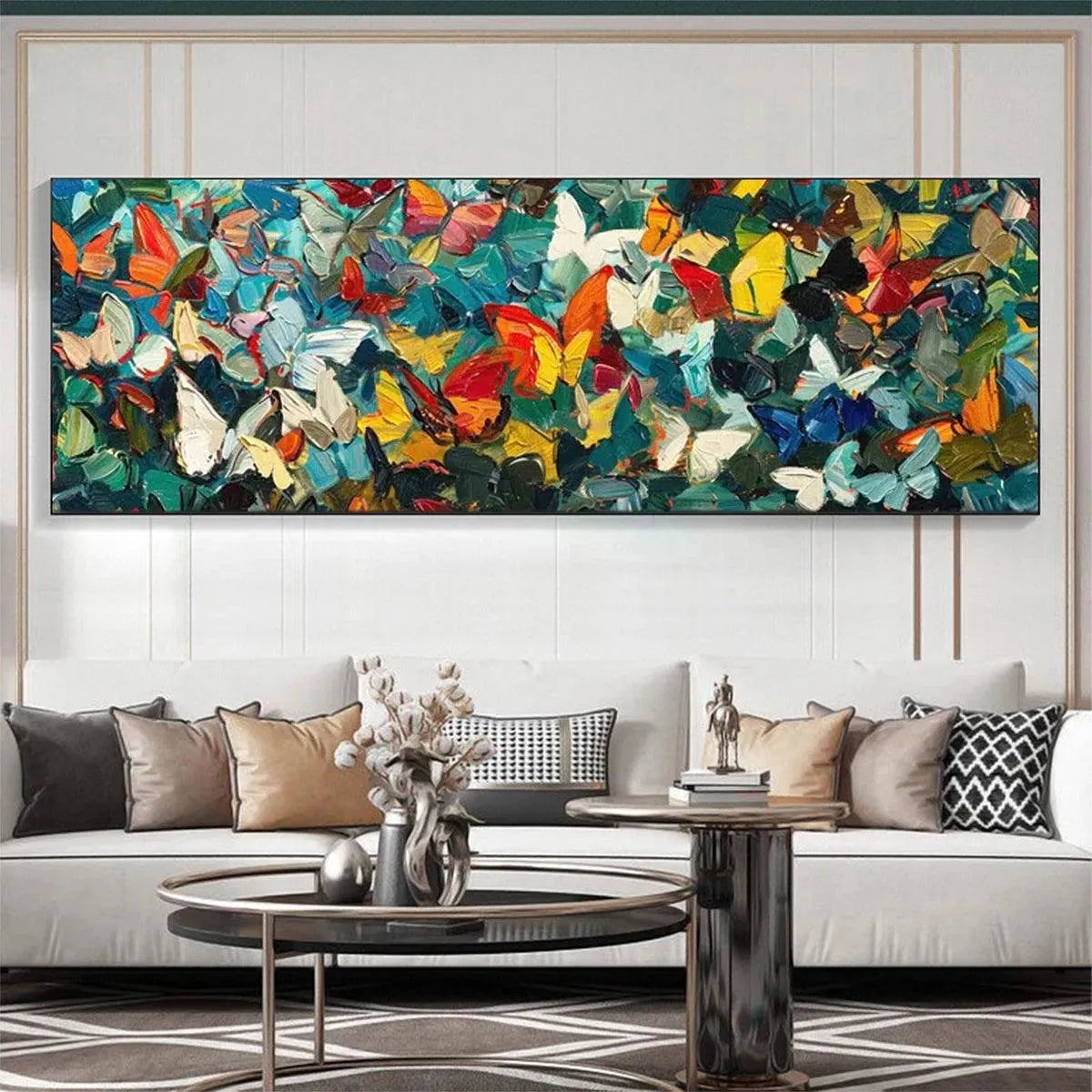 BUTTERFLY WHIRLWIND PANORAMIC: Butterfly Painting, Panoramic Wall Art, Colorful Impasto Decor