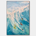 CATCHING THE WAVE: Vertical Ocean Painting of Surfers Riding a Wave