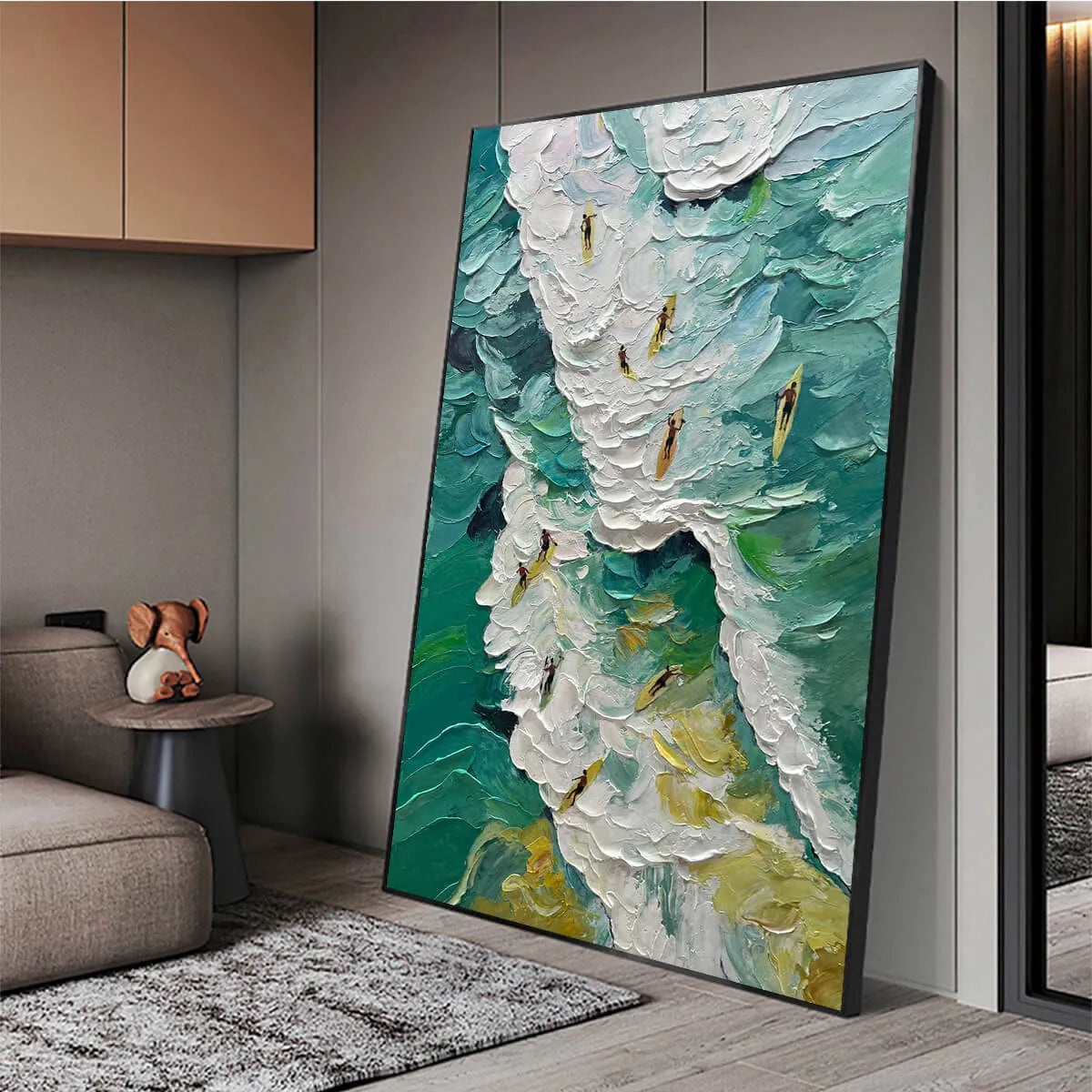CATCHING THE WAVE: Textured Surfers Ocean Scene Oil Painting
