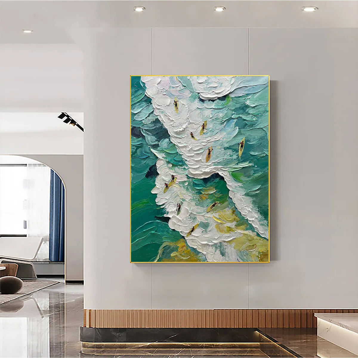 CATCHING THE WAVE: Textured Surfers Ocean Scene Oil Painting