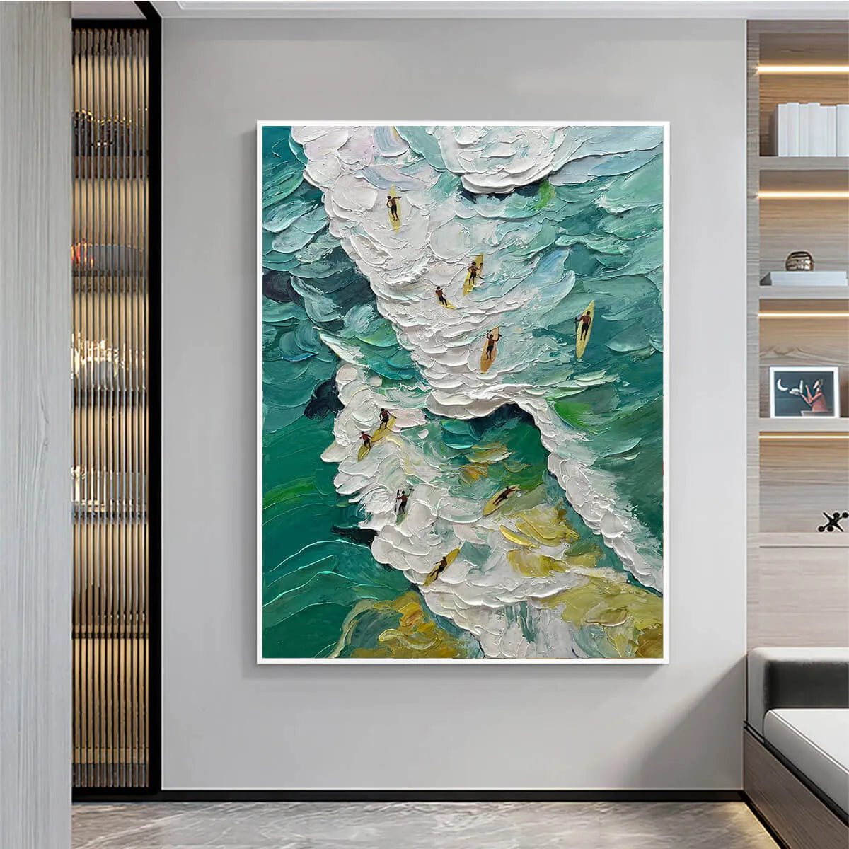 CATCHING THE WAVE: Textured Surfers Ocean Scene Oil Painting