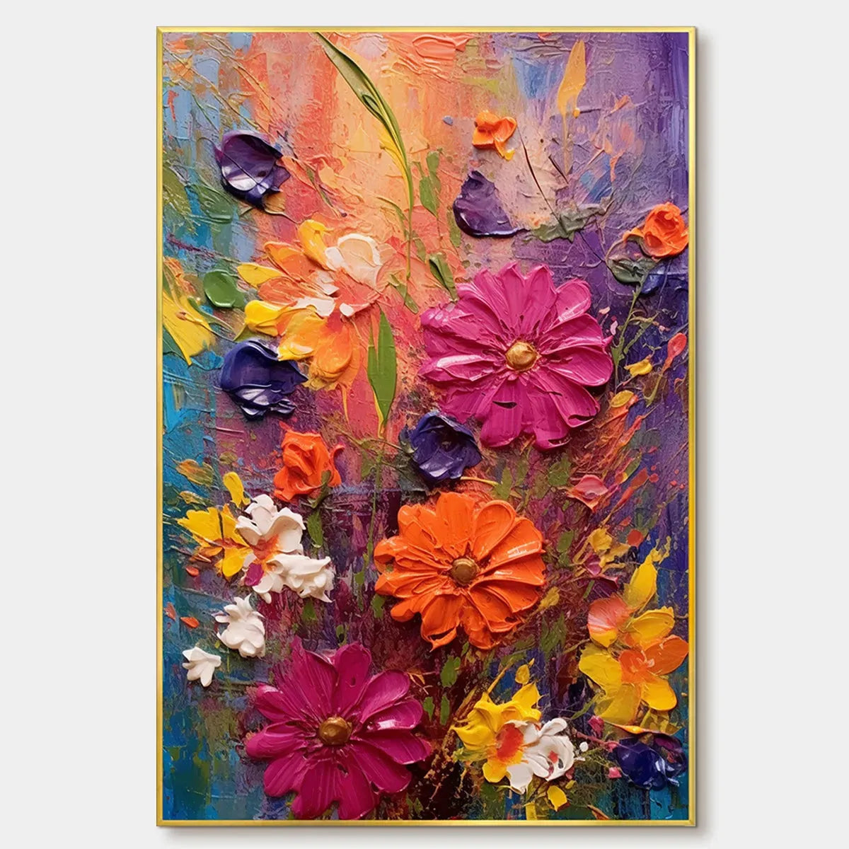 COLORFUL BOUQUET: Vertical Impasto Floral Painting, Vibrant Colorful Flowers, Textured Wall Art