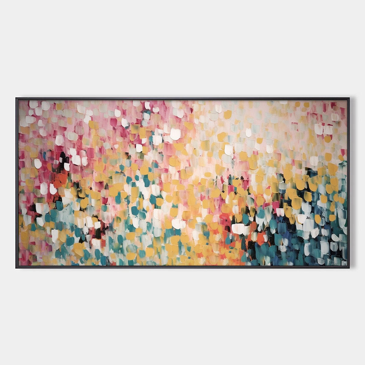 CONFETTI GARDEN: Abstract Floral Painting in Pink, Yellow, and Teal, Panoramic Canvas, Modern Wall Art
