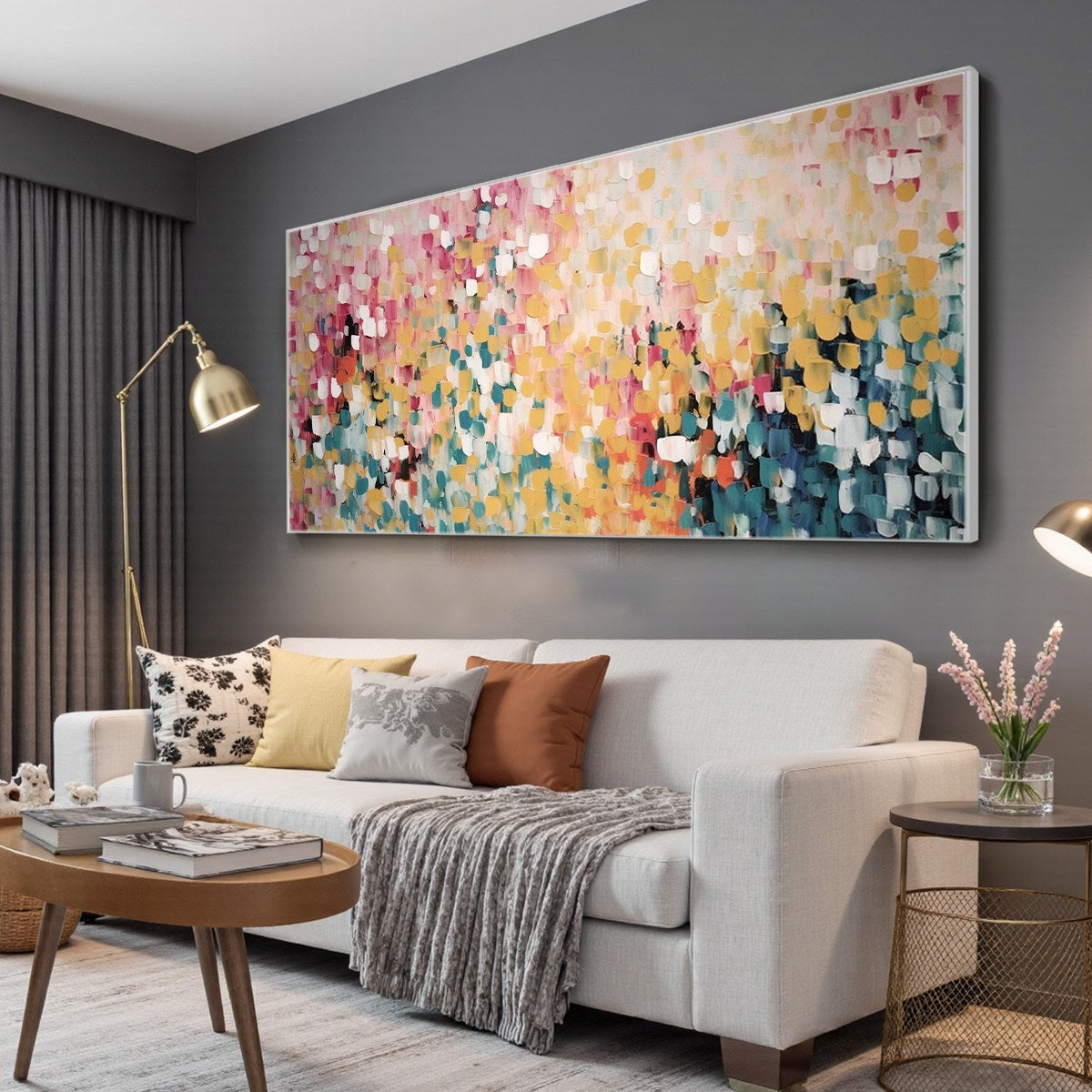 CONFETTI GARDEN: Abstract Floral Painting in Pink, Yellow, and Teal, Panoramic Canvas, Modern Wall Art