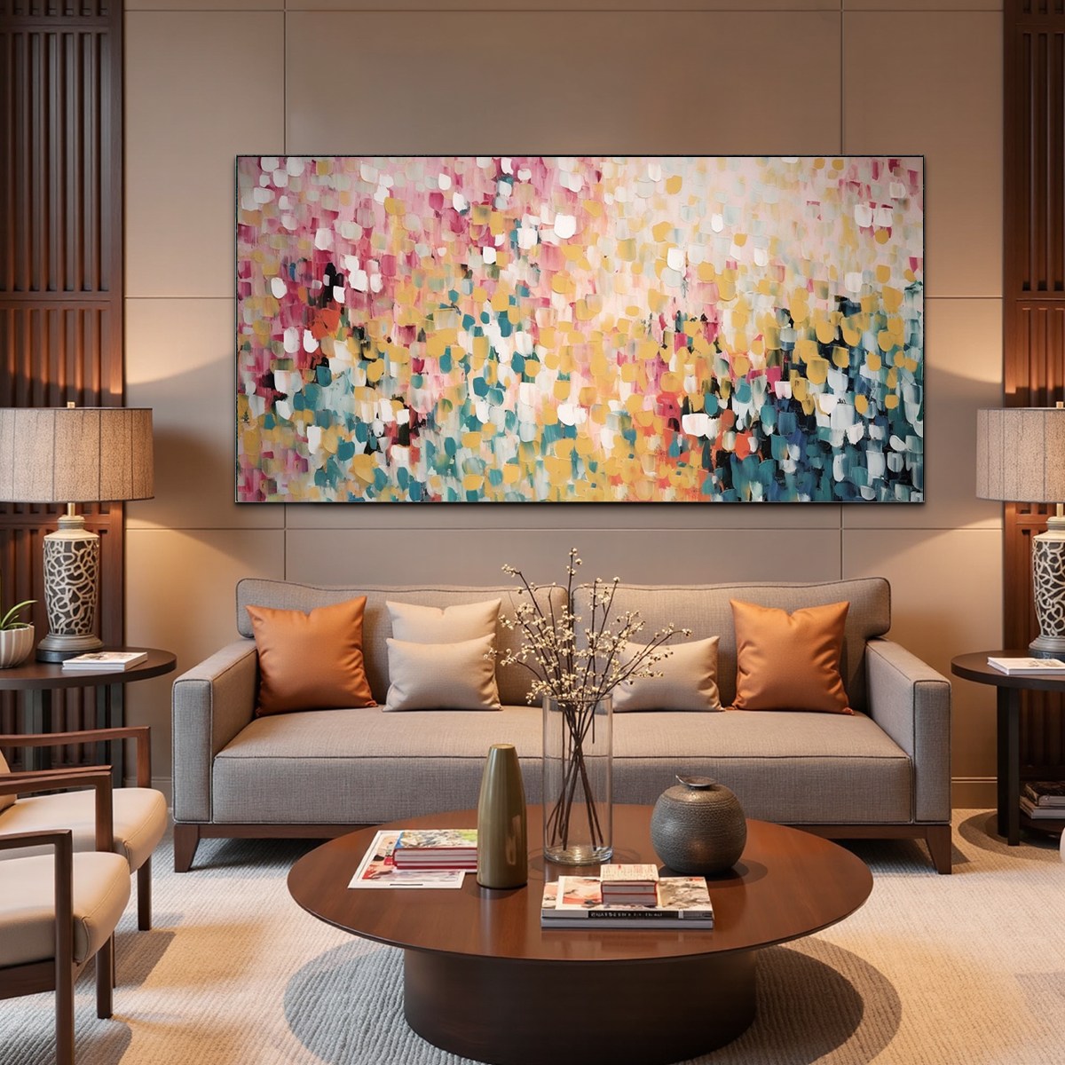 CONFETTI GARDEN: Abstract Floral Painting in Pink, Yellow, and Teal, Panoramic Canvas, Modern Wall Art