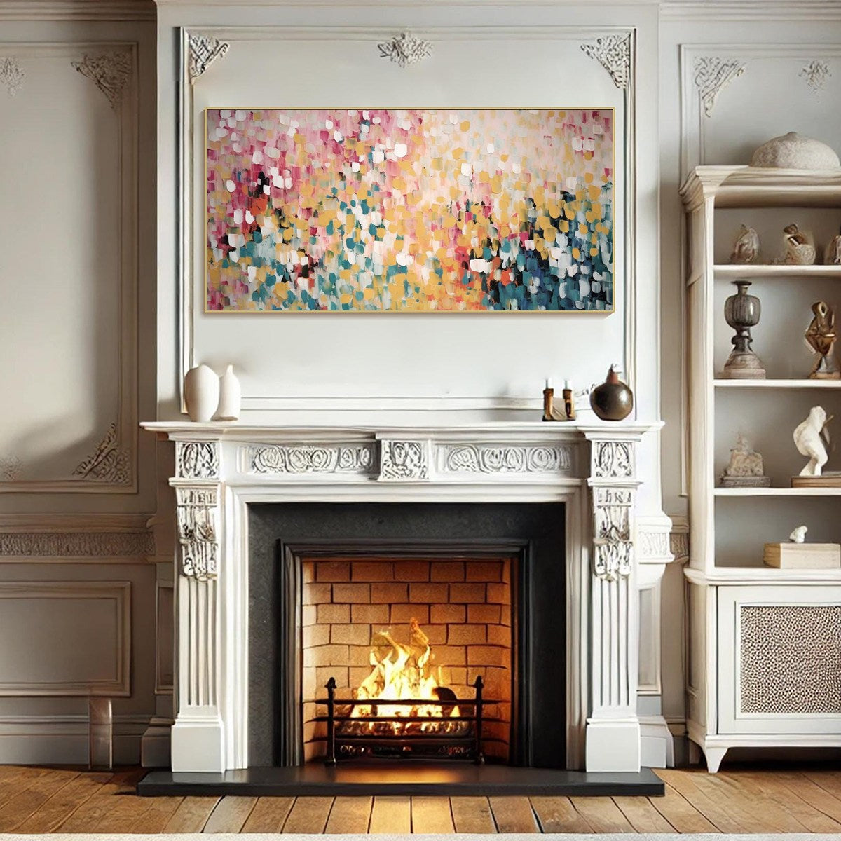 CONFETTI GARDEN: Abstract Floral Painting in Pink, Yellow, and Teal, Panoramic Canvas, Modern Wall Art