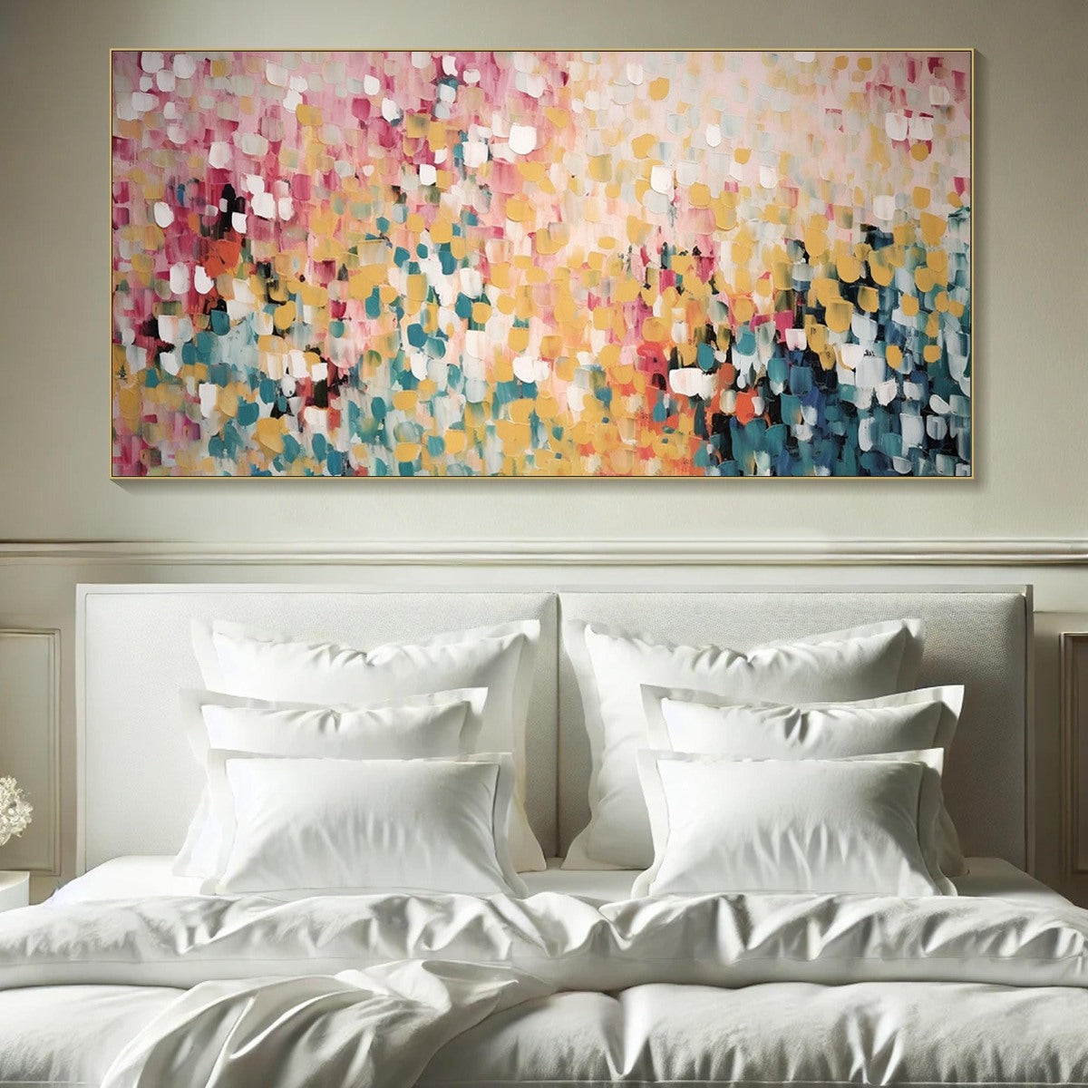 CONFETTI GARDEN: Abstract Floral Painting in Pink, Yellow, and Teal, Panoramic Canvas, Modern Wall Art