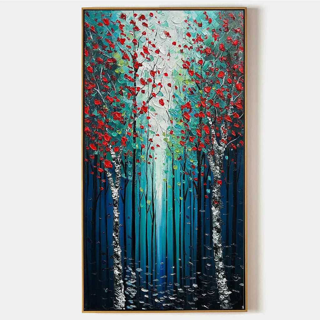 CRIMSON FOREST: Vertical Textured Impasto Painting of a Forest with Red Accents, Modern Wall Art, Blue, Green and Red