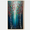 CRIMSON FOREST: Vertical Textured Impasto Painting of a Forest with Red Accents, Modern Wall Art, Blue, Green and Red