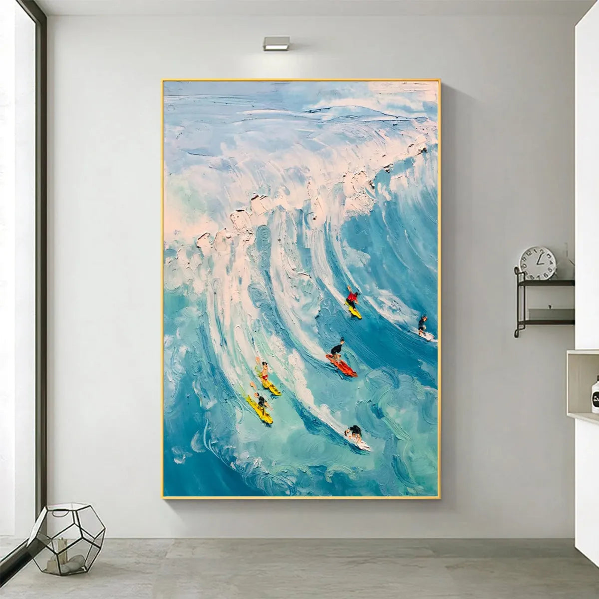 CATCHING THE WAVE: Vertical Ocean Painting of Surfers Riding a Wave
