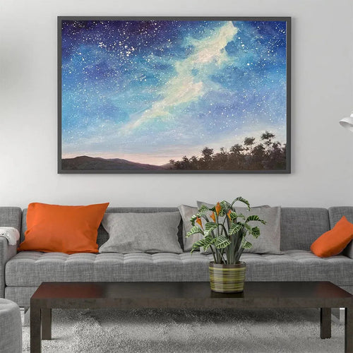 CELESTIAL DREAMSCAPE: Nightscape Painting, Starry Sky Wall Art, Panoramic Landscape, Horizontal Canvas