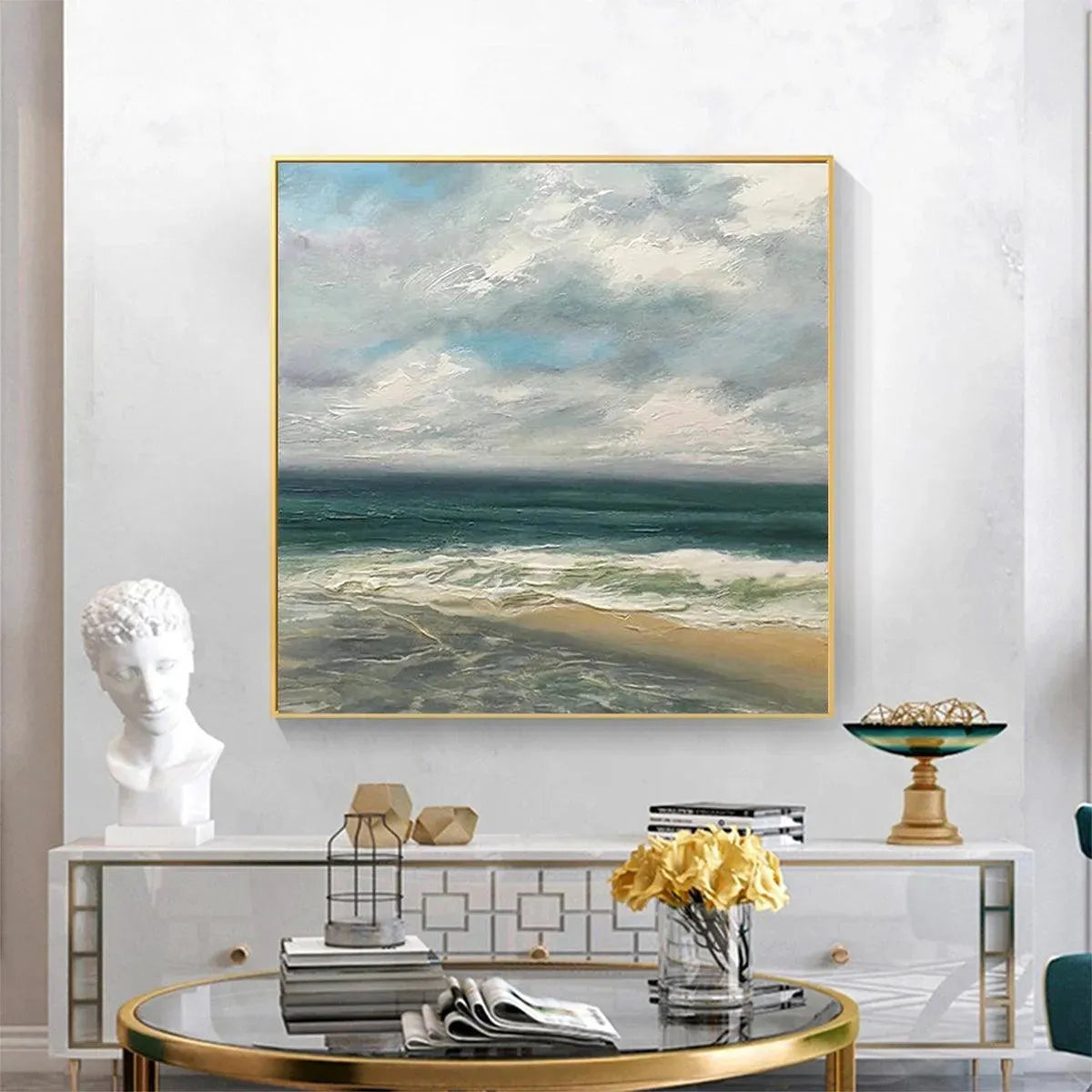 CLOUDY COASTAL SCENE: Square Coastal Landscape Painting, Square Wall Art