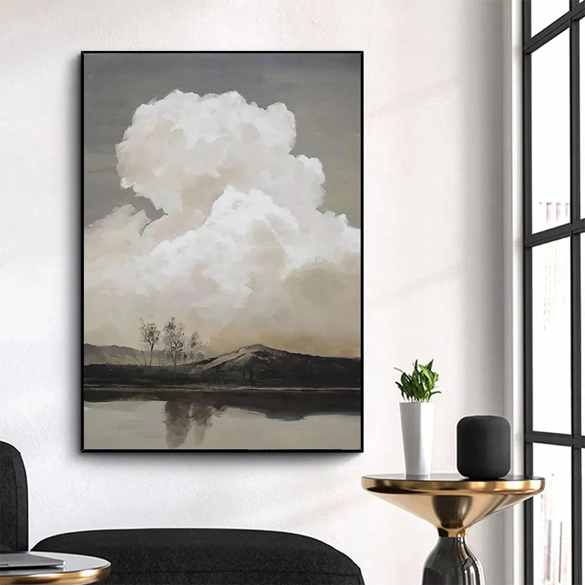 CLOUDY LANDSCAPE: Muted Landscape Painting, Vertical Wall Art