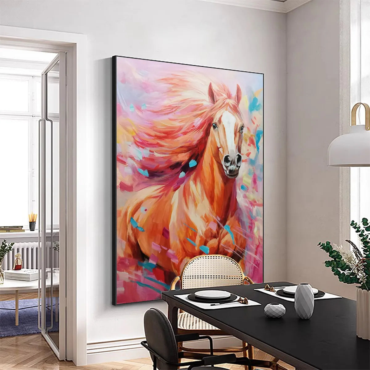 PINK FIRE: Colorful Horse Oil Painting on Canvas