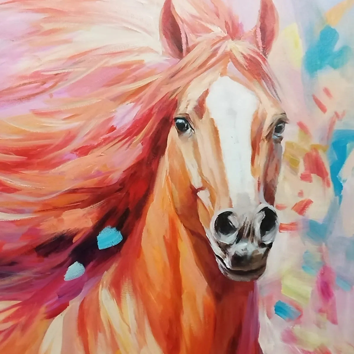 PINK FIRE: Colorful Horse Oil Painting on Canvas