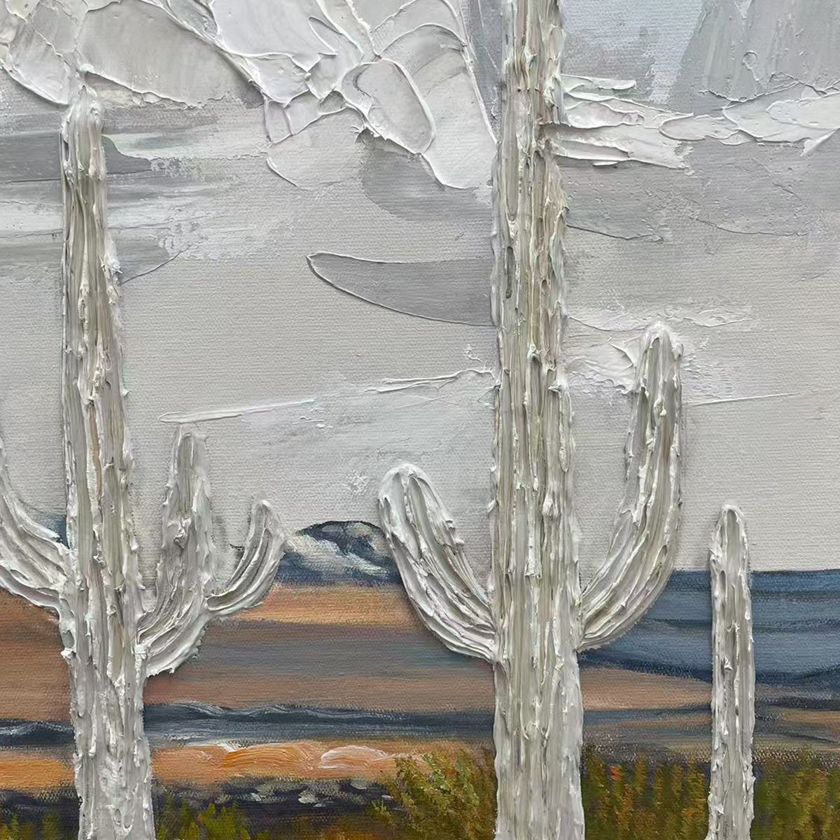 DESERT DREAM: Textured Desert Landscape Painting, Impasto Wall Art, Horizontal Canvas, Cactus Decor