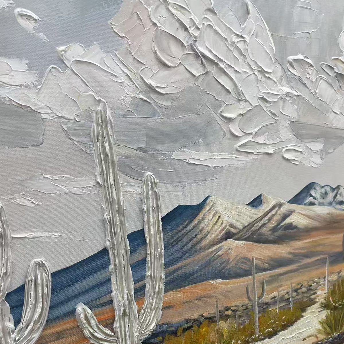 DESERT DREAM: Textured Desert Landscape Painting, Impasto Wall Art, Horizontal Canvas, Cactus Decor