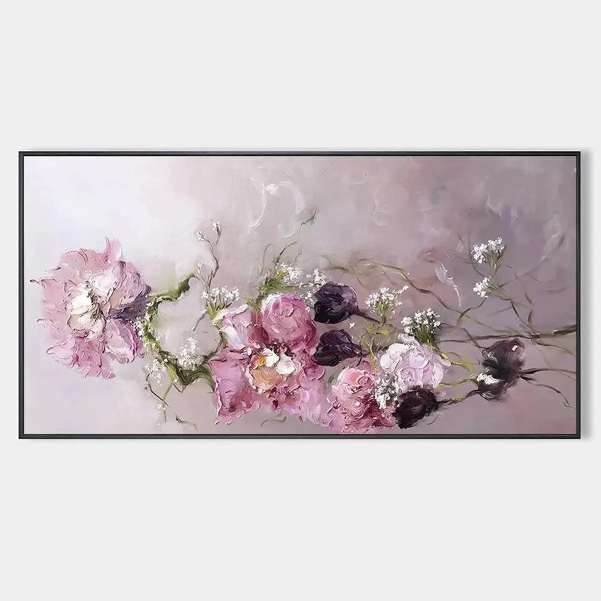 DUSK BLOSSOMS: Floral Painting, Panoramic Wall Art, Romantic Decor