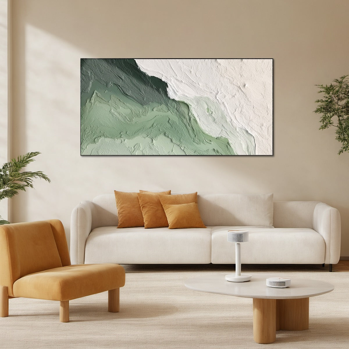 EMERALD FLOW: Textured Abstract Green and White Oil Painting
