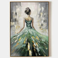 EMERALD GRACE: Elegant Woman in Green Dress, Vertical Canvas, Figurative Wall Art