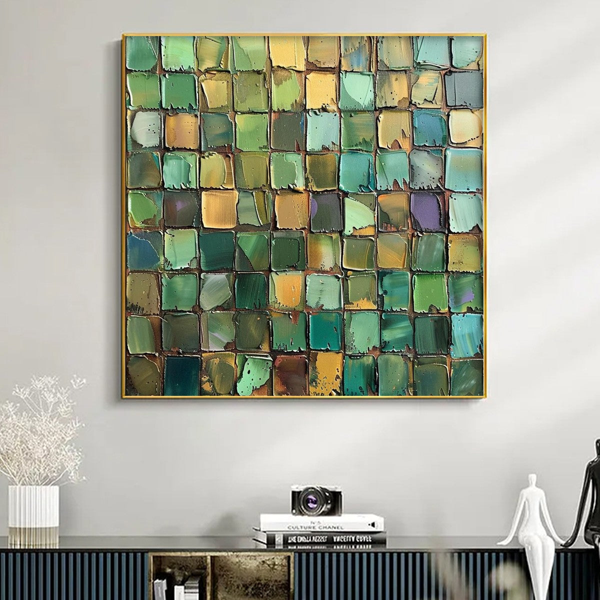EMERALD MOSAIC: Textured Abstract Green and Gold Oil Painting