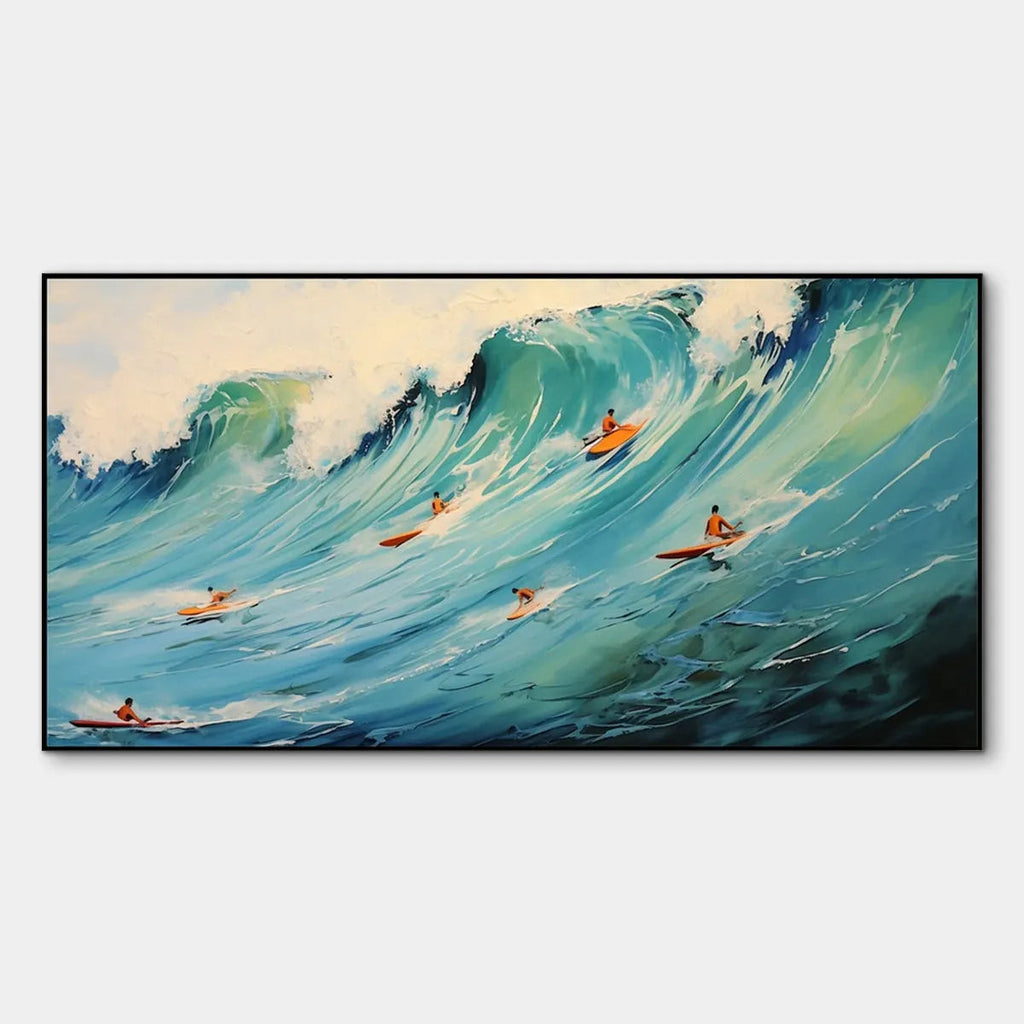 EPIC RIDE: Panoramic Ocean Painting of Surfers on a Majestic Wave
