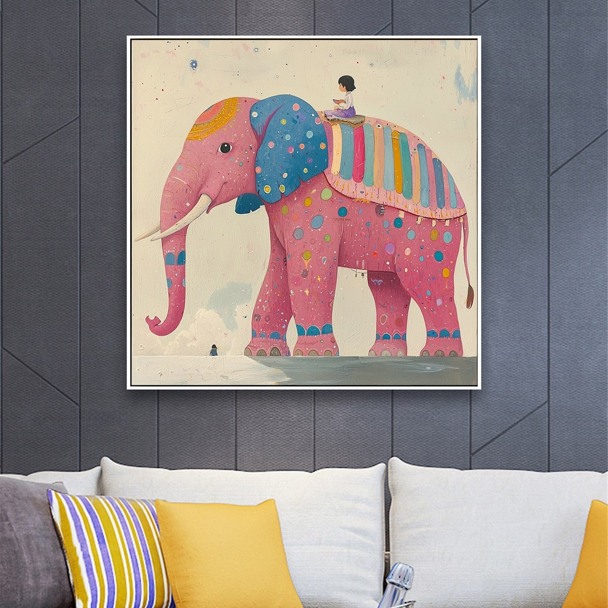 ELEPHANT DREAMS: Whimsical Pink Elephant and Child Oil Painting